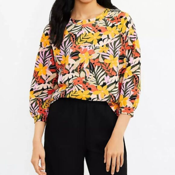 Loft Floral Tropical Floral 3/4 Balloon Sleeve Cotton Sweatshirt Women’s Medium - Picture 1 of 3